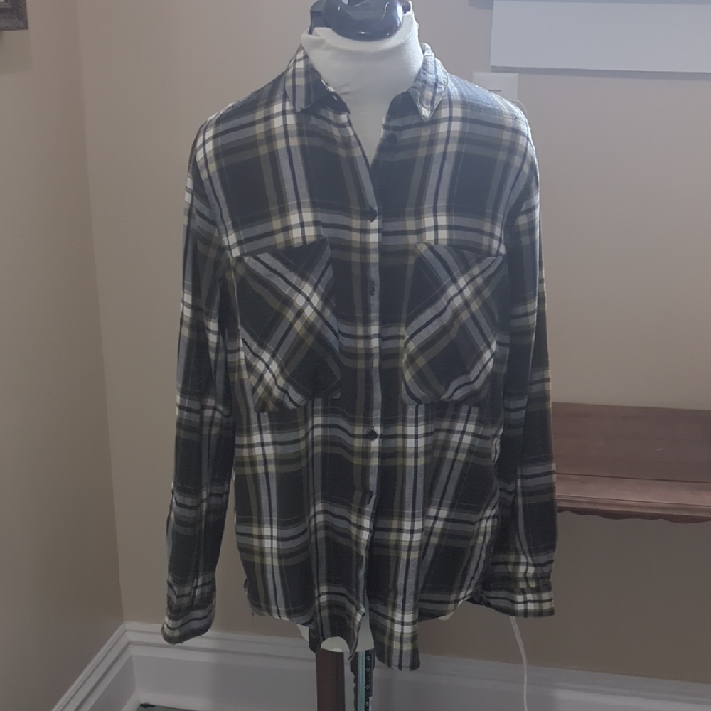 Topshop flannel shirt, black/olive plaid, size 12 (US),  NWT